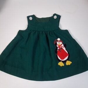 Vintage 12 Month Girls Green Christmas Dress Jumper Penguin Appliqué Holiday